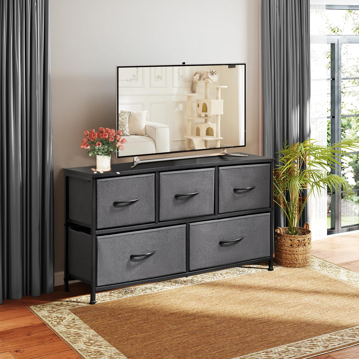 Dresser for Bedroom with 5 Drawers, Anti-Tip Wide Fabric Chests Storage Organizer Tower Furniture, TV Stand for TV up to 45 inch with Wooden Top Metal Frame for Clothes, Living Room, Hallway, Entryway Atilioo