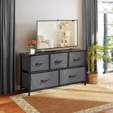Dresser for Bedroom with 5 Drawers, Anti-Tip Wide Fabric Chests Storage Organizer Tower Furniture, TV Stand for TV up to 45 inch with Wooden Top Metal Frame for Clothes, Living Room, Hallway, Entryway Atilioo