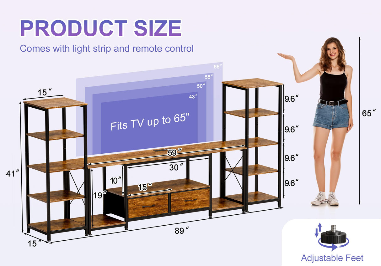 LovaraS Entertainment Center with Storage for TVs up to 65 Inch TV Stand for Living Room with 2 Bookshelves TV Console with 2 Fabric Drawers, Farmhouse Modern LED Lights & Power Outlets Bedroom LovaraS