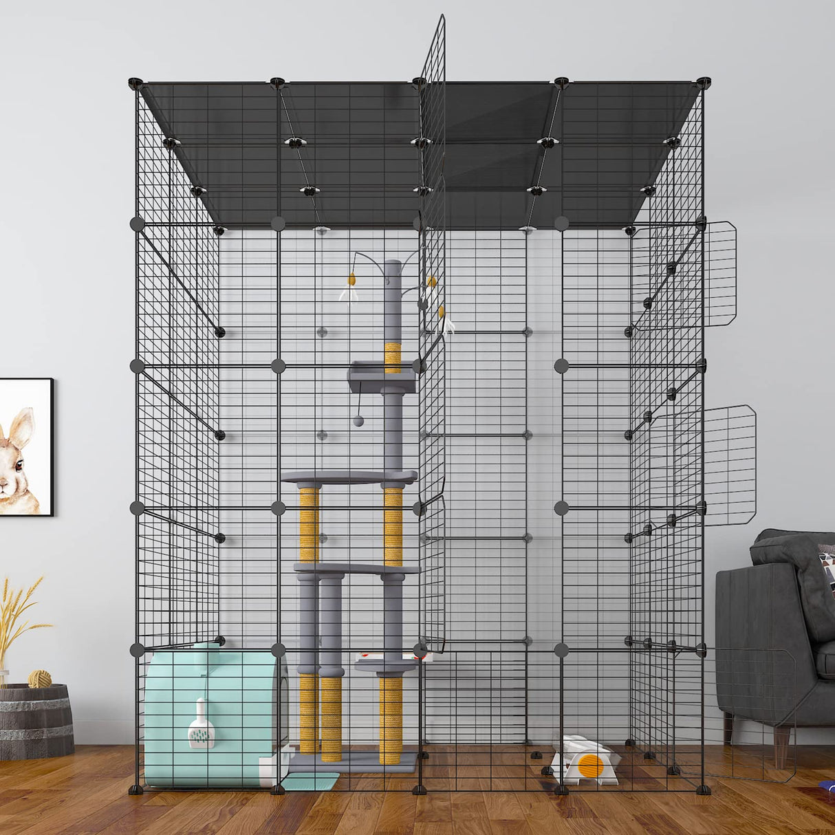 Eiiel Large Cat Cage Indoor Cat Playpen Metal Wire Kennels Crate Ideal for 1-4 Cats, 54 L x 41W x 69 H Inch, Black Eiiel