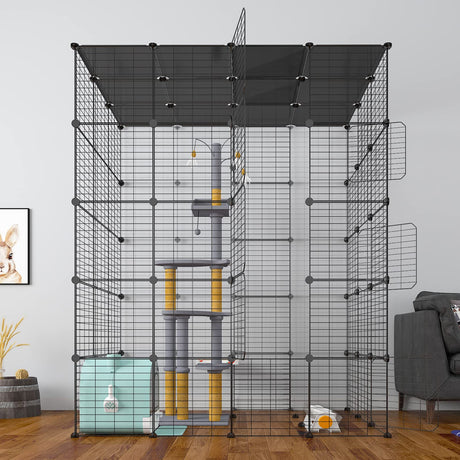 Eiiel Large Cat Cage Indoor Cat Playpen Metal Wire Kennels Crate Ideal for 1-4 Cats, 54 L x 41W x 69 H Inch, Black Eiiel