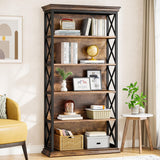 Tribesigns 6-Tier Industrial Bookshelf – 71 Inch Tall Bookcase with X Pattern Accents in Brown and Black Tribesigns