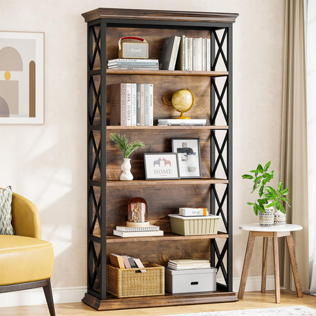 Tribesigns 6-Tier Industrial Bookshelf – 71 Inch Tall Bookcase with X Pattern Accents in Brown and Black Tribesigns