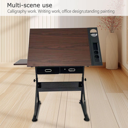 WEUMNV Drafting Table Art Desk Drawing Table Height Adjustable Artist Table Tilted Tabletop w/Drafting Stool and Storage Drawer for Reading, Writing (One stools)