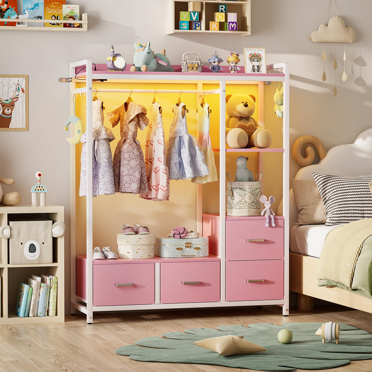 Cyclysio Dresser with Hanger Rack, 4 Drawers Dresser for Bedroom with Power Outlet and LED Lights, Cute Dresser with Storage Shelf for Bedroom Living Room, Pink Cyclysio