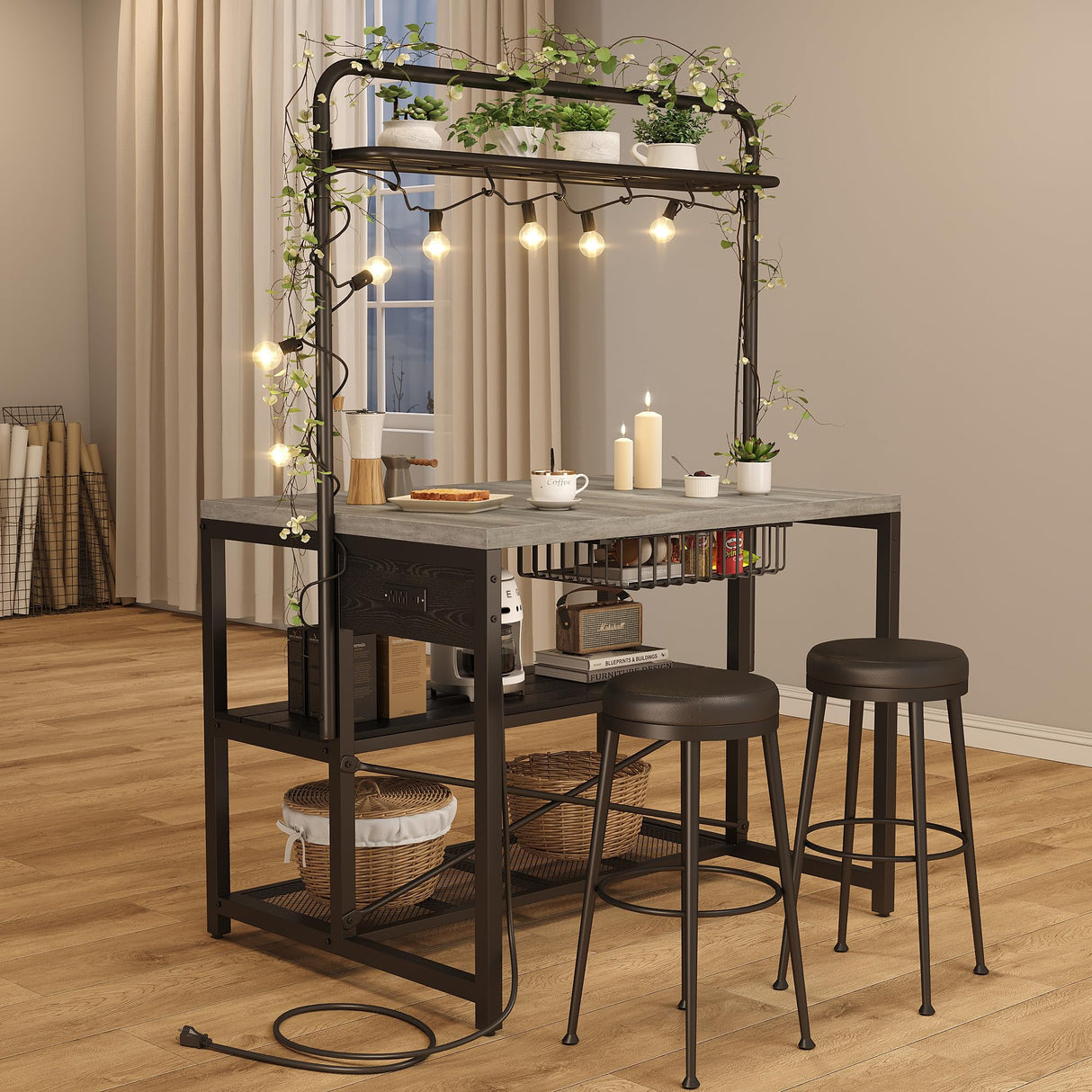 Jocoevol 46" Large Kitchen Island Table Baker Rack with Power Outlet and 3-Tier Storage-Microwave Stand Oven Shelf, Metal Coffee Bar Table,Kitchen Storage Shelf for Dining Living Room, 5 Hooks,Grey Jocoevol