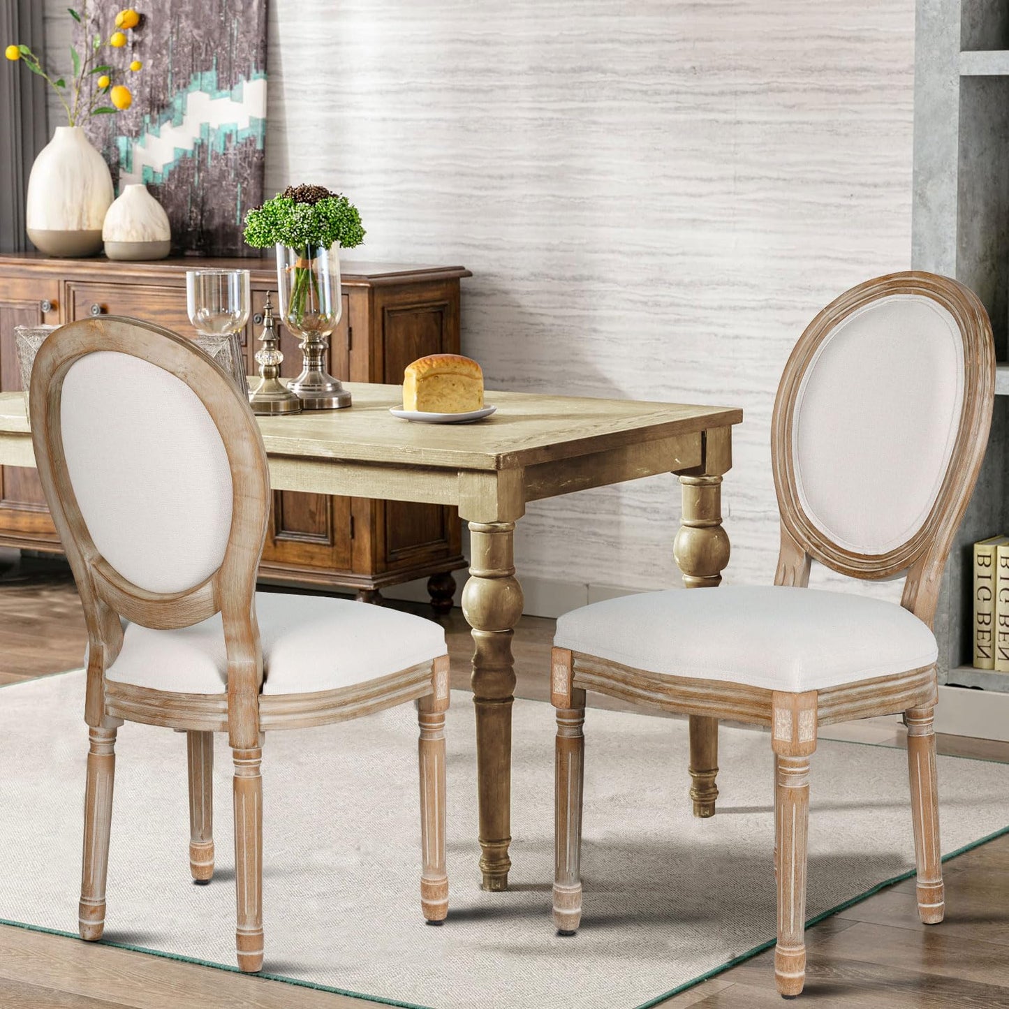 Polar Aurora Dining Chairs Set of 4 Beige Rattan Round Back with Solid Wood Legs and Frame for French Country Kitchen Dining Room