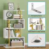 Yusong Geometric Bookcase, S Shaped Bookshelf 4-Tier Book Shelves for Bedroom, Modern Wood Decorative Display Shelf Tall Book Case for Home Office, Gold and White Yusong