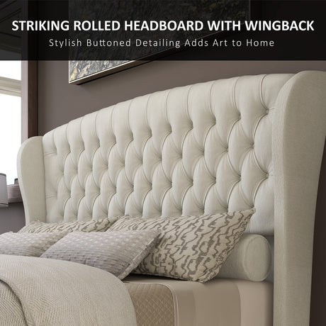 AMERLIFE Queen Size Platform Bed Frame, Chenille Upholstered Sleigh Bed with Scroll Wingback Headboard & Footboard/Button Tufted/No Box Spring Required/Cream AMERLIFE