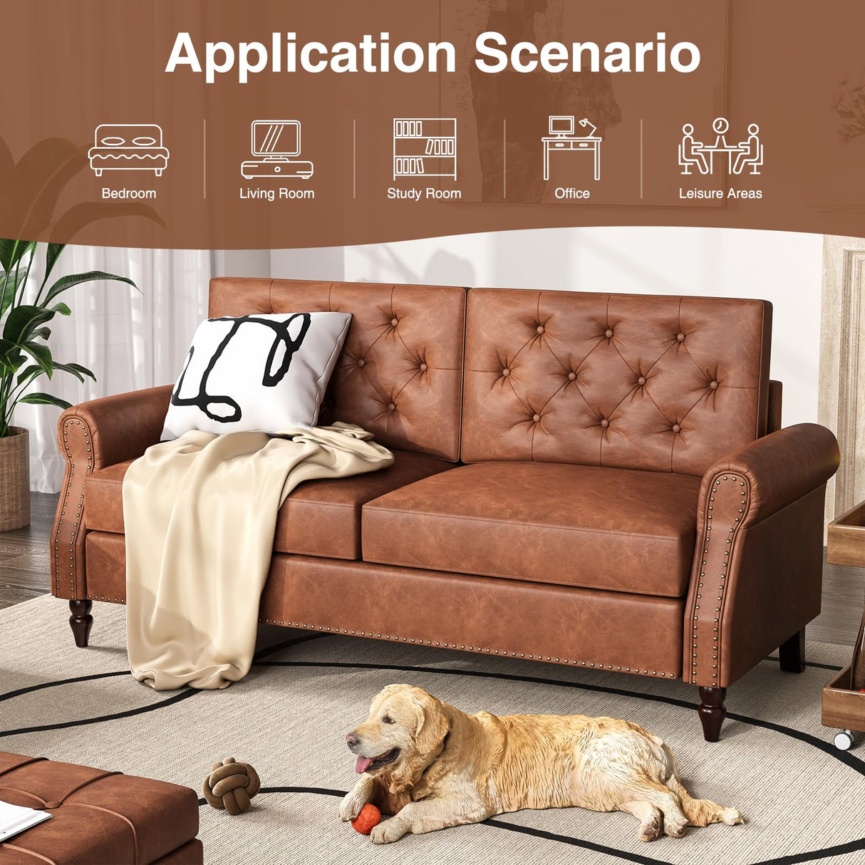 FiveWillowise Brown Couch, 73-inch Sofa Couch, Faux Leather Couch, Office Couch with Wooden Legs, Vintage Couch with Rolled Armrests, Mid Century Modern Couch for Living Room Small Apartment FiveWillowise