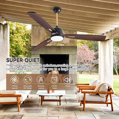 AUNLPB 60 inch Farmhouse Rustic Ceiling Fans with Lights, Solid Wood Ceiling Fan, Outdoor Ceiling Fans for Patios Waterproof, DC Reversible Motor High CFM Large Ceiling Fan for Exterior, Front Porch