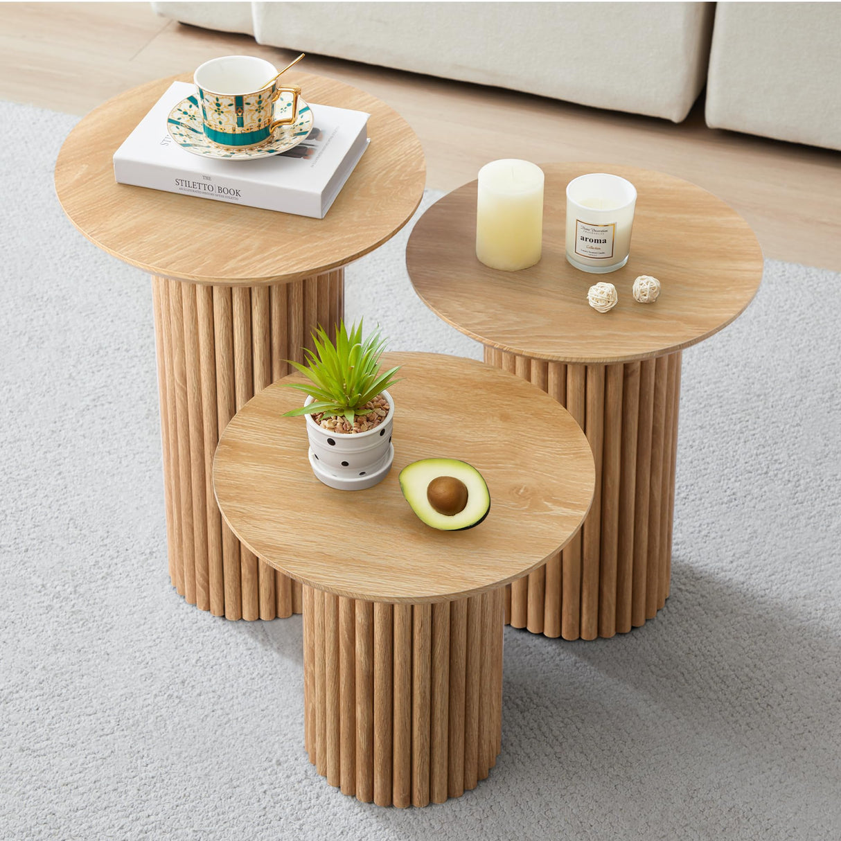 Bifins Round Nesting Coffee Table Set of 3,Mid Century Modern Fluted Coffee and End Table Set,Small Circle Wooden Side Table Drink Table for Living Room (Natural) Bifins