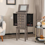 Giantex Jewelry Cabinet Armoire with 5 Drawers, 2 Side Doors with 8 Necklace Hooks, Top Flip Mirror, 4-Compartments Organizer, Standing Wood Jewelry Storage Chest, Antique, Washed Gray Giantex