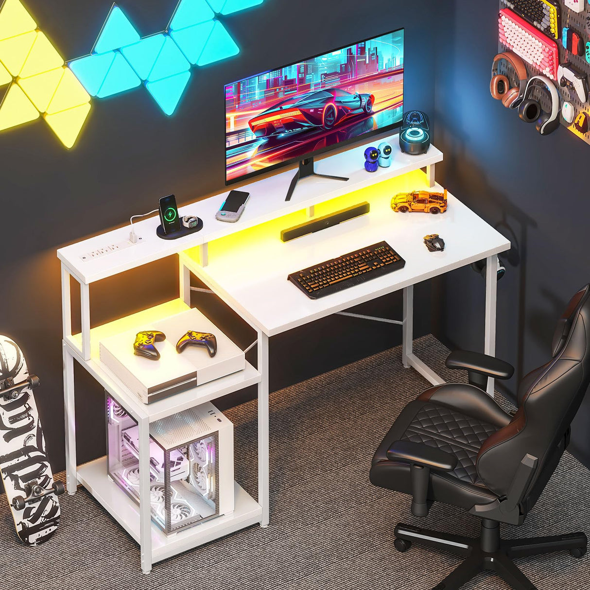 AODK Computer Desk, 48 Inch Gaming Desk with Led Lights & Power Outlet, Office Desk with Printer Storage Shelves, Reversible Desk with Monitor Shelf & Headphone Hook, White AODK