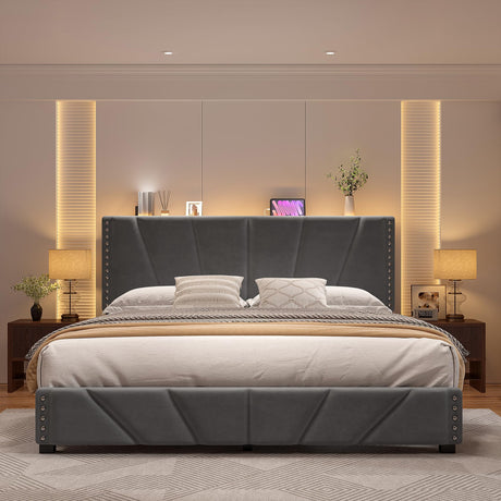 EnHomee King Size Bed Frame with Velvet Headboard and LED Lights, Storage Headboard Platform Bed with Charging Station, Sturdy Wooden Slats Support,Noise-Free,Easy Assembly, Dark Gray EnHomee