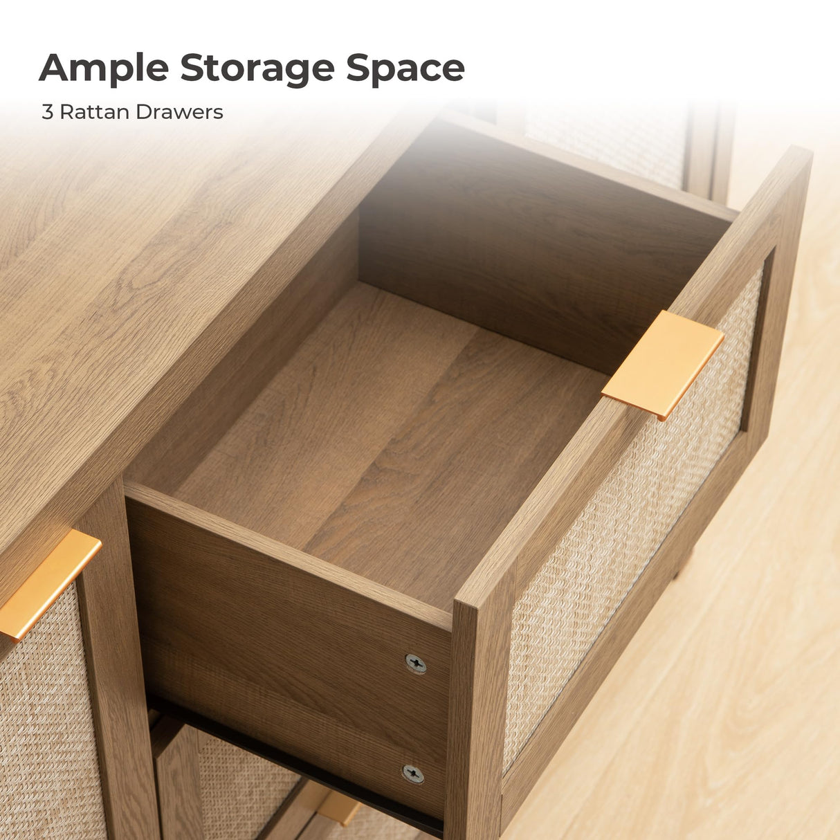 SICOTAS Rattan Sideboard Buffet Cabinet with Storage - 52" Larger Farmhouse Credenza Storage Coffee Bar Cabinet with 3 Drawers & 2 Doors, Boho Console Table for Living Room, Kitchen, Caramel Oak SICOTAS