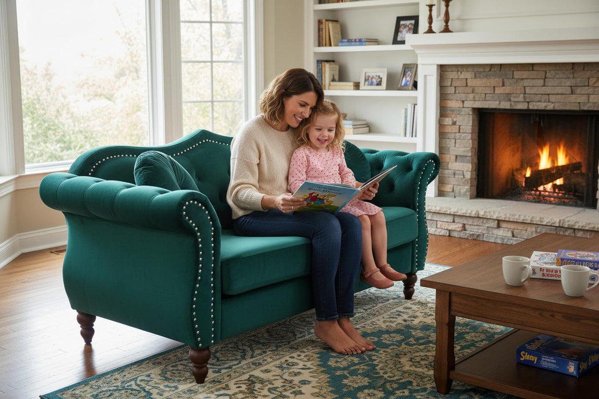 Container Furniture Direct Anna1 Chesterfield Velvet Couches for Living Room, Button Tufted Luxury Upholstery with Rolled Arms, High-Density Foam, Durable Wood Frame, 65.5" Loveseat, Green Container Furniture Direct