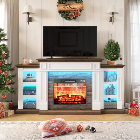 70" Electric Fireplace with Mantel, LED Fireplace TV Stand for TVs Up to 80 Inch, Farmhouse Entertainment Center with Storage, Realistic Stacked Stone Surround with Remote Control for Living Room LGHM