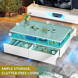 DWVO LED Coffee Table with Storage 4 Drawers, Modern High Glossy Coffee Tables for Living Room, White Rectangle Coffee Table Small Center Table with Open Display Shelf & Sliding Drawers, White DWVO