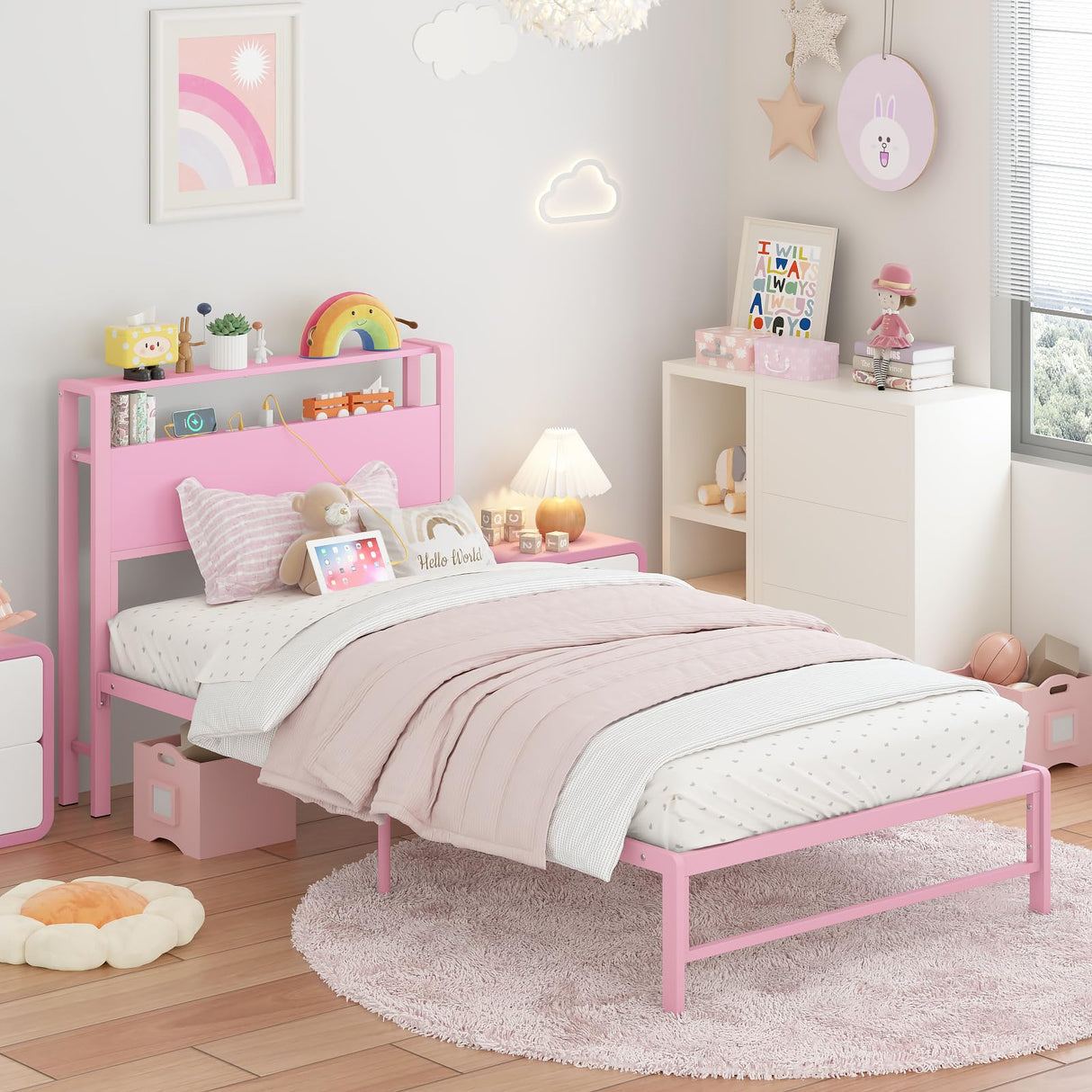 Merronix Twin Bed Frames with Charging Station, 2 Tiers Storage Headboard Twin Sized Bed No Box Spring Needed Heavy Duty Metal Platform Bed for Girls, Pink Merronix