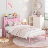 Merronix Twin Bed Frames with Charging Station, 2 Tiers Storage Headboard Twin Sized Bed No Box Spring Needed Heavy Duty Metal Platform Bed for Girls, Pink Merronix