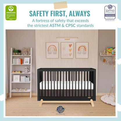 Dream On Me Hygge 5-in-1 Convertible Crib in Matte Black Vintage, JPMA & Greenguard Gold Certified, Made of Sustainable Pinewood, Easy to Clean, Safe Wooden Nursery Furniture