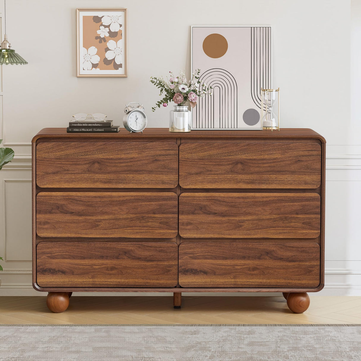 AVZEAR Modern 6 Drawer Dresser for Bedroom, 48" Wide Wooden Dresser Chest of Drawers, Handle Free & Curved Profile Design, Mid Century Closet Clothes Storage Organizer for Living Room, Walnut AVZEAR