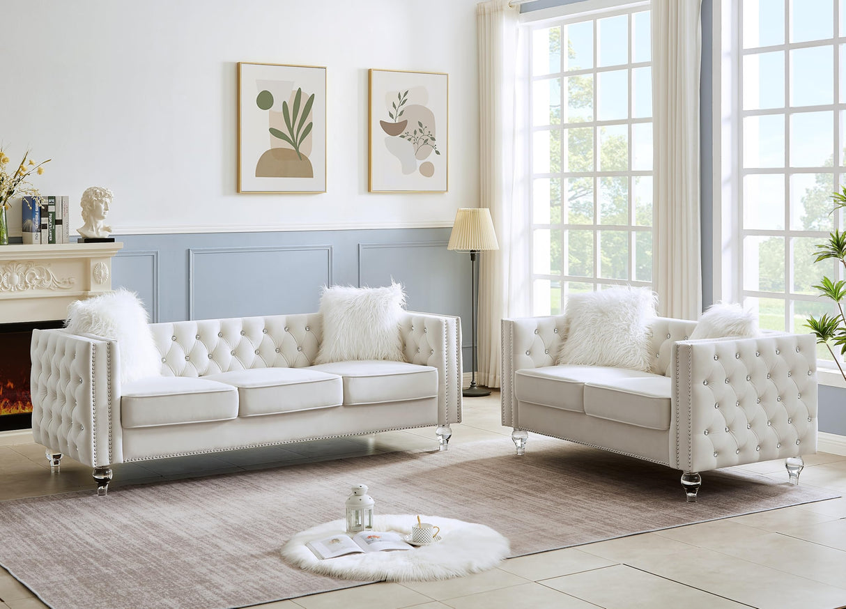 FYLCOUAMㅤ 59" Velvet Loveseat with Crystal Buttons Tufted Sofa, Trimmed Nailhead and Heavy-Duty Lucite Legs Loveseat Couch | Hollywood Regency Couch for Living Room, Bedroom FYLCOUAMㅤ