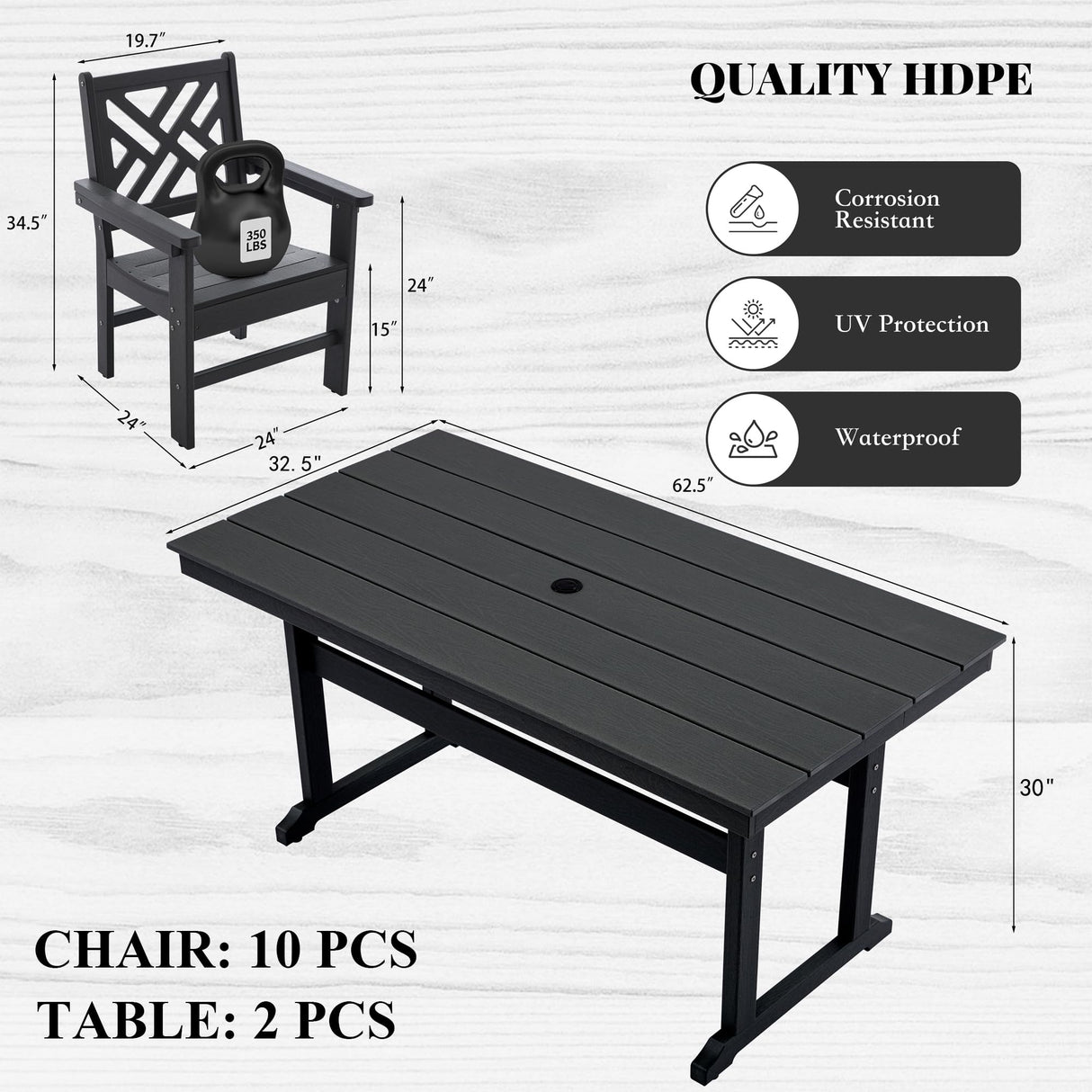 HDPE Dining Table Set for 10,12-Piece Outdoor Table and Chairs Include 10 Dining Chairs and 2 Pcs 62.5" Patio Dining Table with Umbrella Hole (Black) AZXZCS