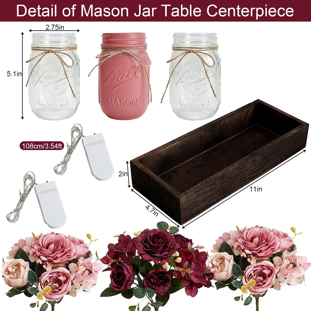 Nagobi Christmas Mason Jar Centerpiece Table Decor for Dining Room Farmhouse Coffee Table Decor with Wood Tray Fairy Lights Fake Flowers for Kitchen Living Dining Room - Burgundy Pink, 11 inches Nagobi
