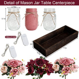 Nagobi Christmas Mason Jar Centerpiece Table Decor for Dining Room Farmhouse Coffee Table Decor with Wood Tray Fairy Lights Fake Flowers for Kitchen Living Dining Room - Burgundy Pink, 11 inches Nagobi