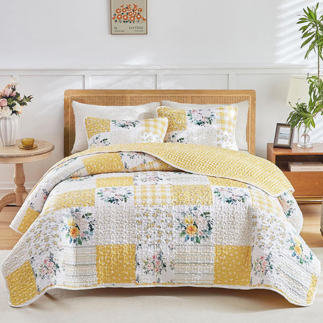 Joyreap 3 Pieces Floral Patchwork Quilt Set Queen, Yellow n White Flowers Design, Soft n Cozy Microfiber Quilt, Bedspread Bed Cover for All Season, 1 Quilt and 2 Pillow Shams- 90x90 inches Joyreap