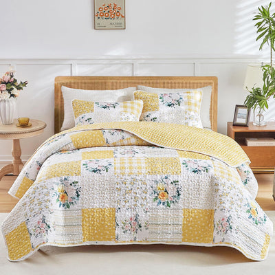 Joyreap 3 Pieces Floral Patchwork Quilt Set Queen, Yellow n White Flowers Design, Soft n Cozy Microfiber Quilt, Bedspread Bed Cover for All Season, 1 Quilt and 2 Pillow Shams- 90x90 inches