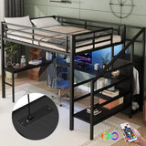 Queen Loft Bed with Stairs and Wardrobe, Queen Size Loft Bed with Desk and Storage, Metal Loft Bed with Charging Station and Light, Queen Size Loft Bed for Adults, Teens, Kids(Balck Queen) Bellemave
