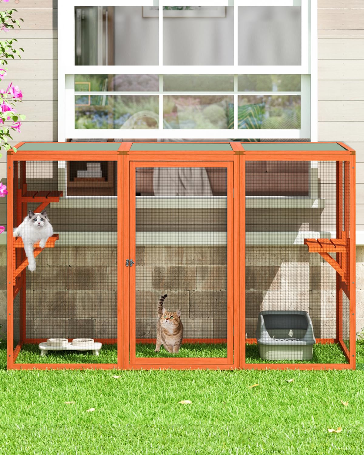 Catio Outdoor Cat Enclosure,71" L Outside Cat House Weatherproof, Wooden Catios for Cats Patio, Cat Houses with 3 Platforms (Orange-Red, Large)