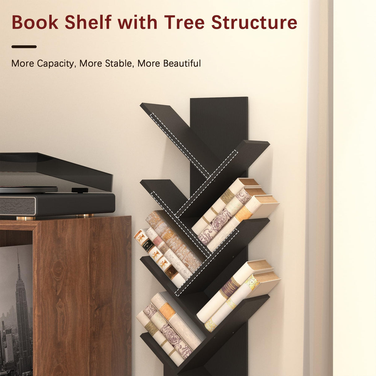 Azaeahom 6 Tier Tree Bookshelf, Wood Bookcase with Storage Cabinet, Modern Tall Narrow Bookshelves Organizer, Floor Standing Book Shelf for Bedroom/Living Room/Home Office/Corner (Black, 6 Tier) Azaeahom