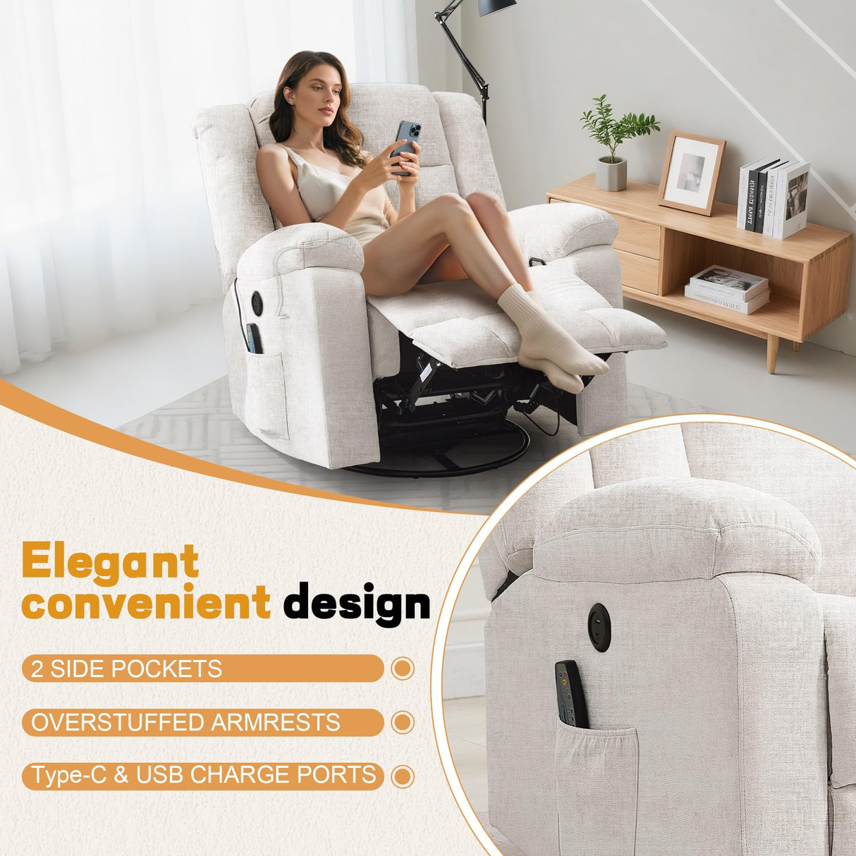 Korser Rocker Recliner, Glider Recliner Chairs for Adults, 360° Swivel Rocking Chair with Massage and Heating, Nursery Chair with Storage and USB Charging for Living Room, Bedroom, Nursery Korser