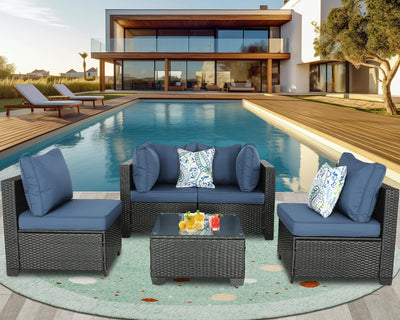 BPTD Outdoor Patio Furniture Set Balcony Furniture PE Rattan Wicker Outdoor Sectional with Washable Cushion for Garden, Poolside, Balcony, Backyard (Expresso-Navy, Coffee Table)