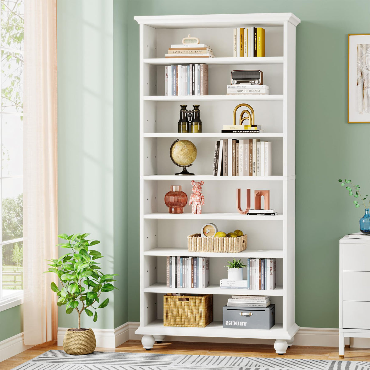 Tribesigns 69-Inch LED Bookcase with 9-Tiers and Solid Wood Legs in White Tribesigns