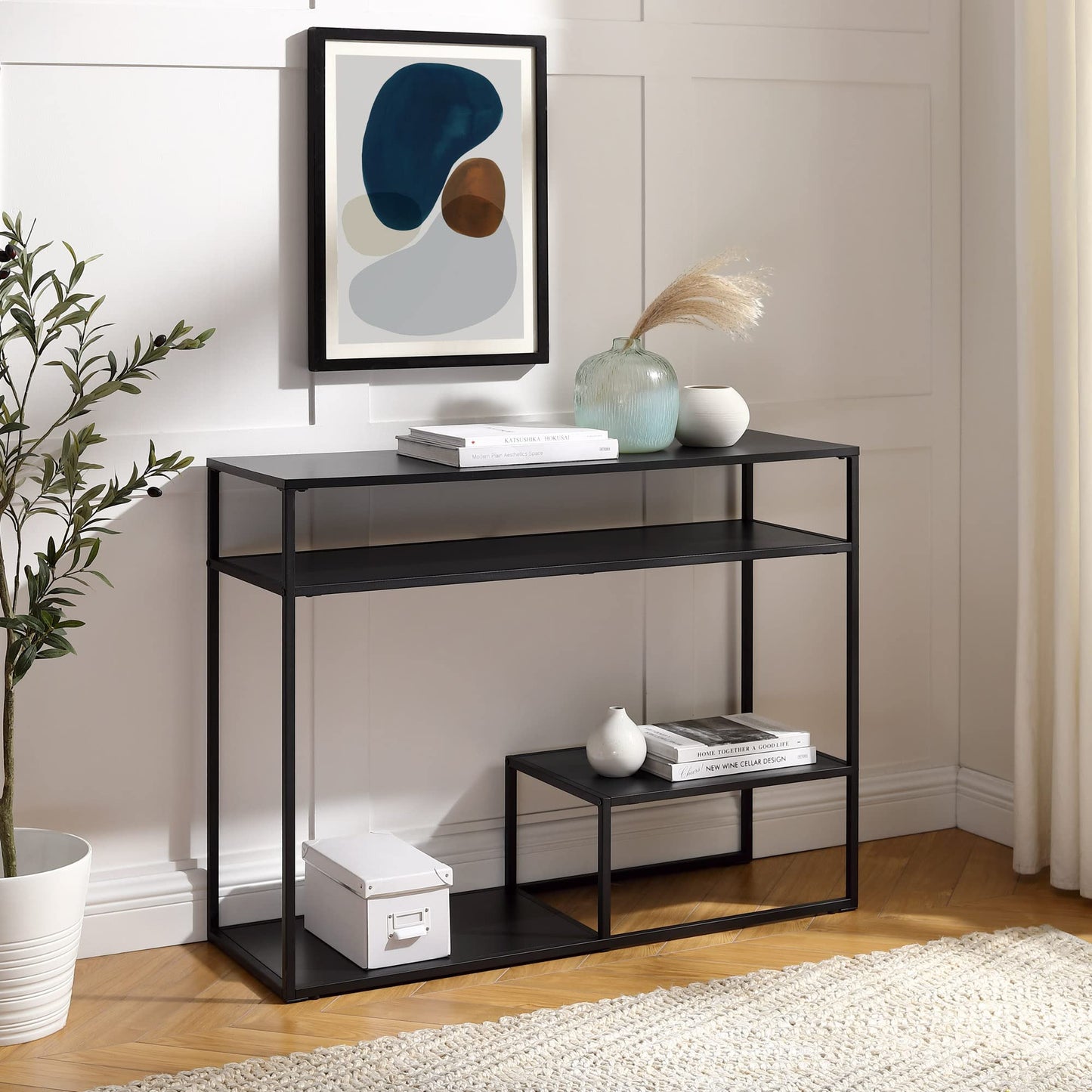 Walker Edison Modern Metal and Wood Tiered Entry Table, 42 Inch, Black - WoodArtSupply