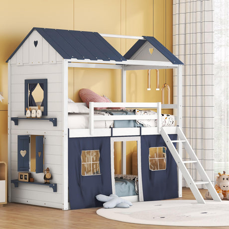 Harper & Bright Designs House Twin Loft Bunk Bed with Tent,Kids Twin Loft Bed with Ladders,Guardrail,Windows & Roof, Wood Twin Over Twin Playhouse Bunk Bed for Kids Teens Boys & Girls (Blue & White) Harper & Bright Designs