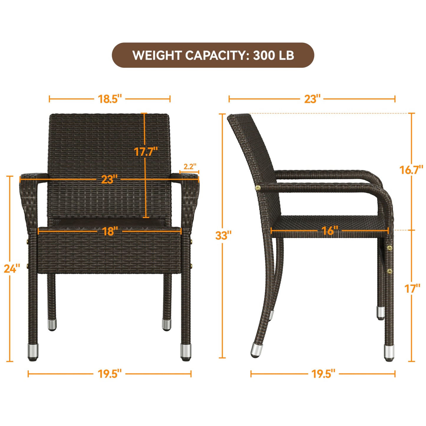 Yaheetech Set of 2 Stackable Outdoor Rattan Dining Chairs, All-Weather Armchair w/Armrests, Steel Frame for Garden, Patio, Deck, Yard, Poolside, Brown