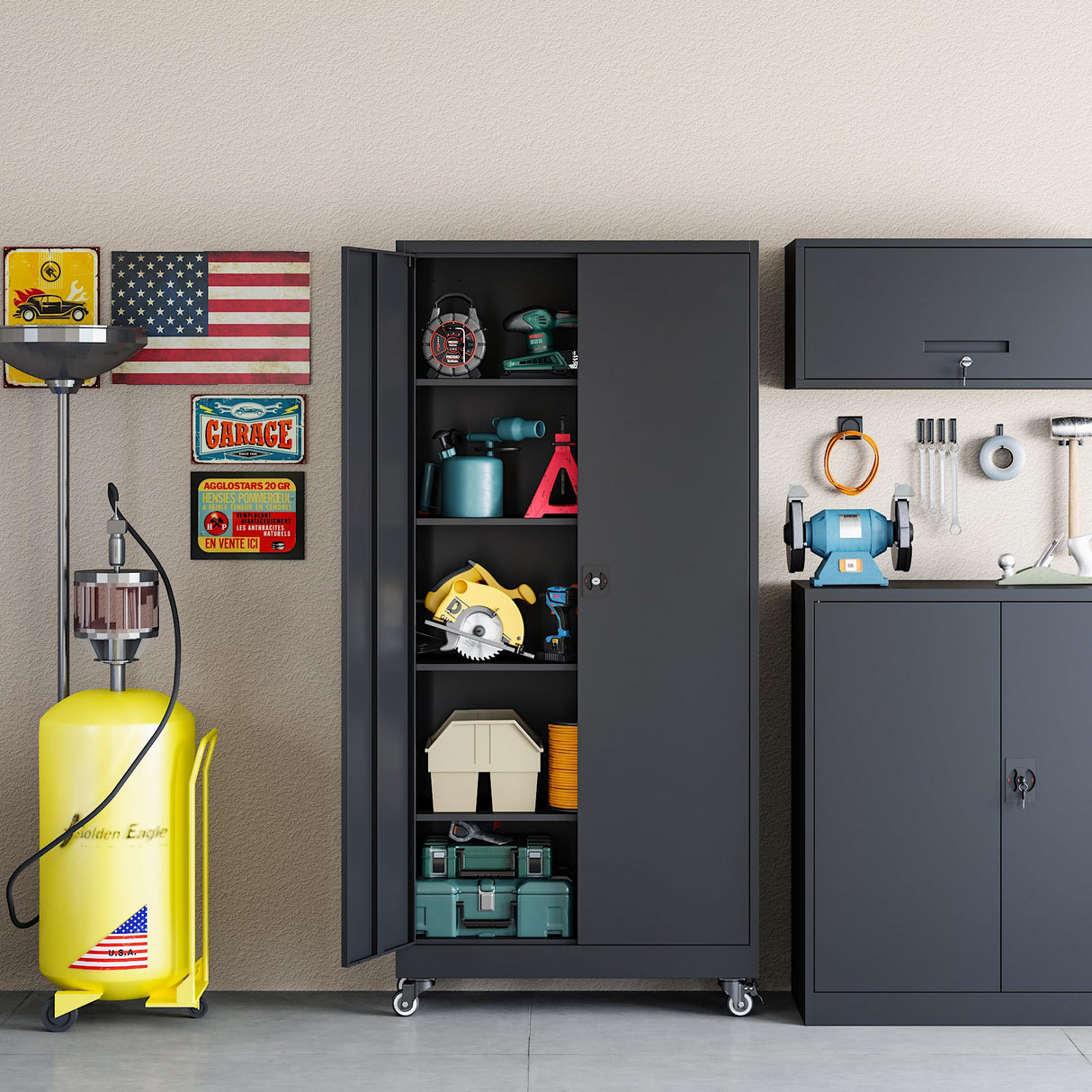 RAVIGIN Metal Garage Storage Cabinet with Wheels,73" H Locking Tool Cabinet with 2 Doors and 4 Adjustable Shelves Tall Cabinet for Garage, Heavy Duty File Cabinet for Office, School (Black) RAVIGIN