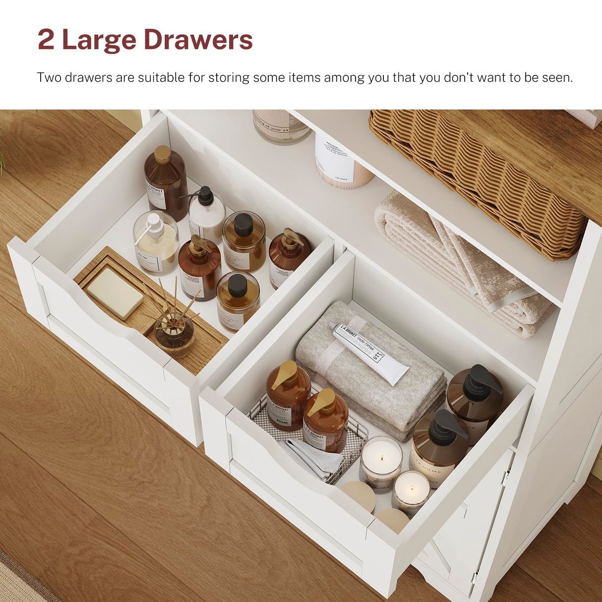 TEENFON Storage Cabinet with Doors & 2 Drawers, Kitchen Cabinet with Adjustable Shelf, Pantry Cabinets, Bathroom Cabinets, for Living Room, Entryway, Home Office, White TEENFON