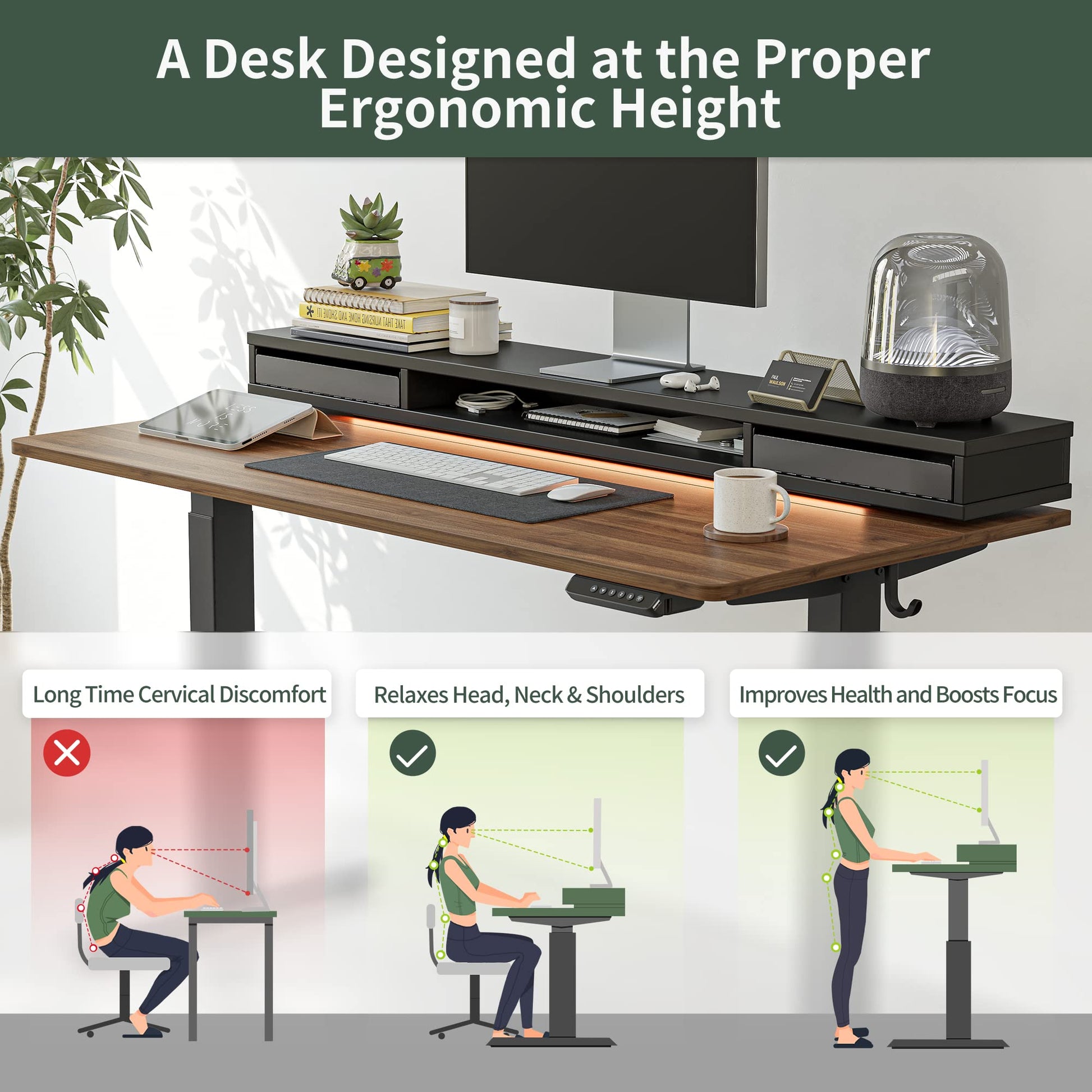 FEZIBO 48 x 24 Inch Height Adjustable Electric Standing Desk with Double Drawers, Stand Up Desk with LED Strips, Sit Stand Desk with Monitor Stand, Blcak Walnut - WoodArtSupply