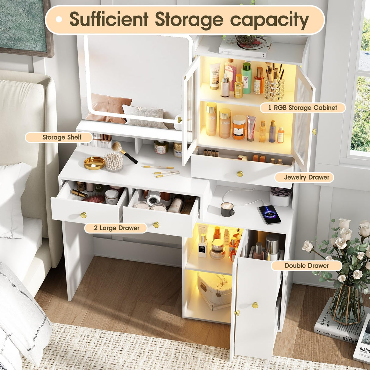 Fameill Makeup Vanity Desk with Mirror and Lights, White Makeup Vanity with 4 Drawers and Charging Station, Vanity Table with RGB Cabinet, Dressing Table for Bedroom Fameill