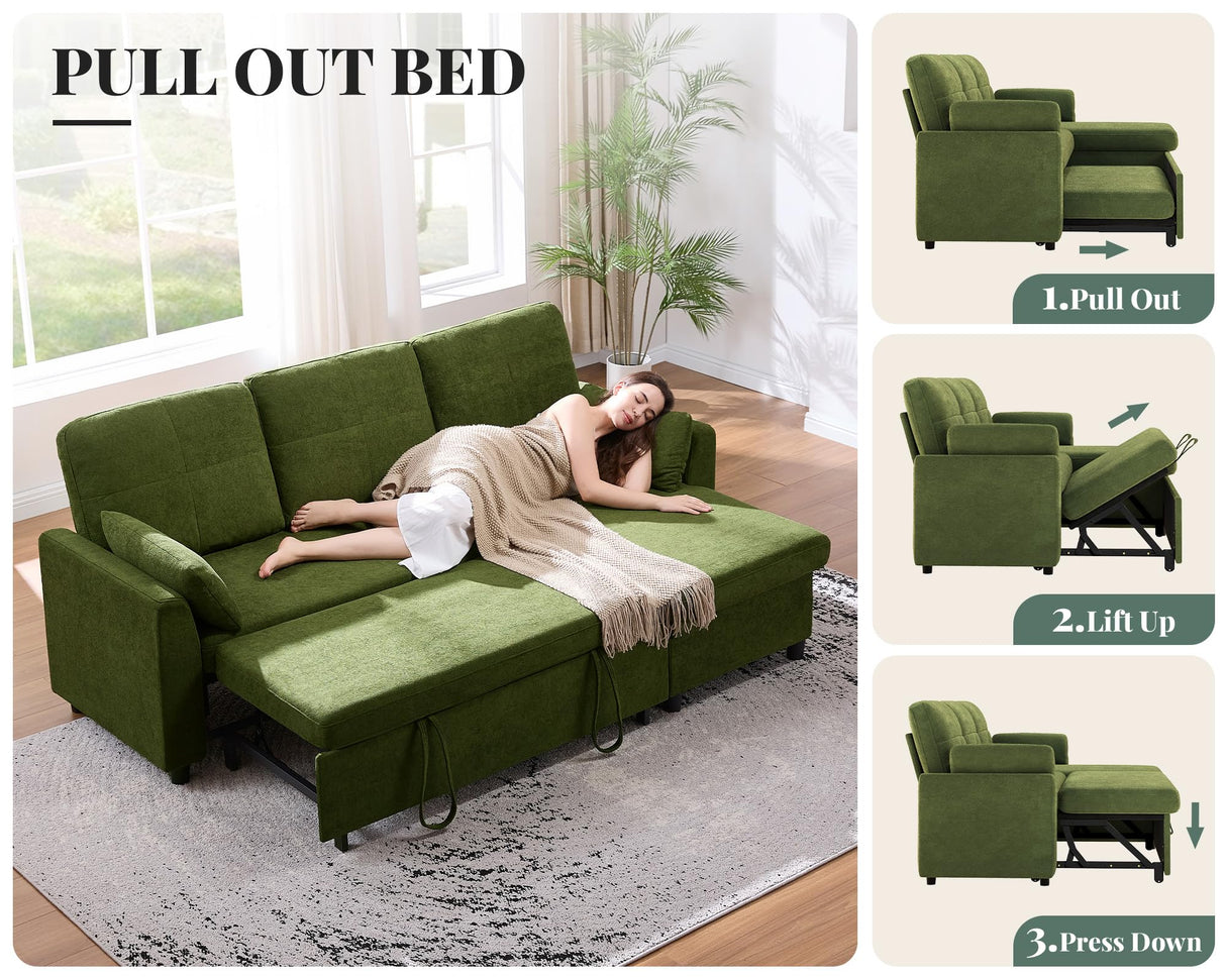 Jocisland Sofa Bed, Sleeper Sofa with Storage Chaise, Convertible Sofa Bed with Pull Out Couch, l Shaped Couch for Living Room, Linen Green Jocisland
