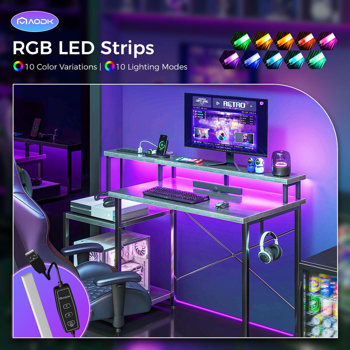 AODK Computer Desk, 48 Inch Gaming Desk with Led Lights & Power Outlet, Office Desk with Printer Storage Shelves, Reversible Desk with Monitor Shelf & Headphone Hook, Grey Oak AODK