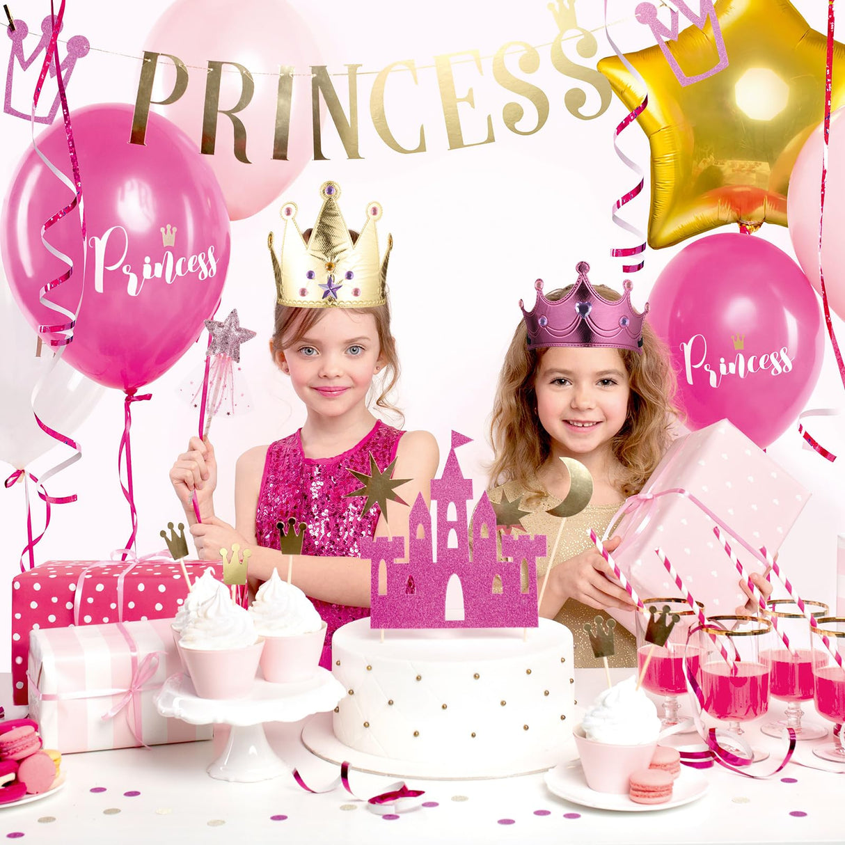 Hlimior 34 Pcs Foam Princess Party Crowns Kit, 12 DIY Princess Party Tiaras Crown Making Kits with 12 Fairy Wands 10 Diamond Stickers for Classroom Birthday Favors and Supplies (Gold, Pink, Blue) Hlimior