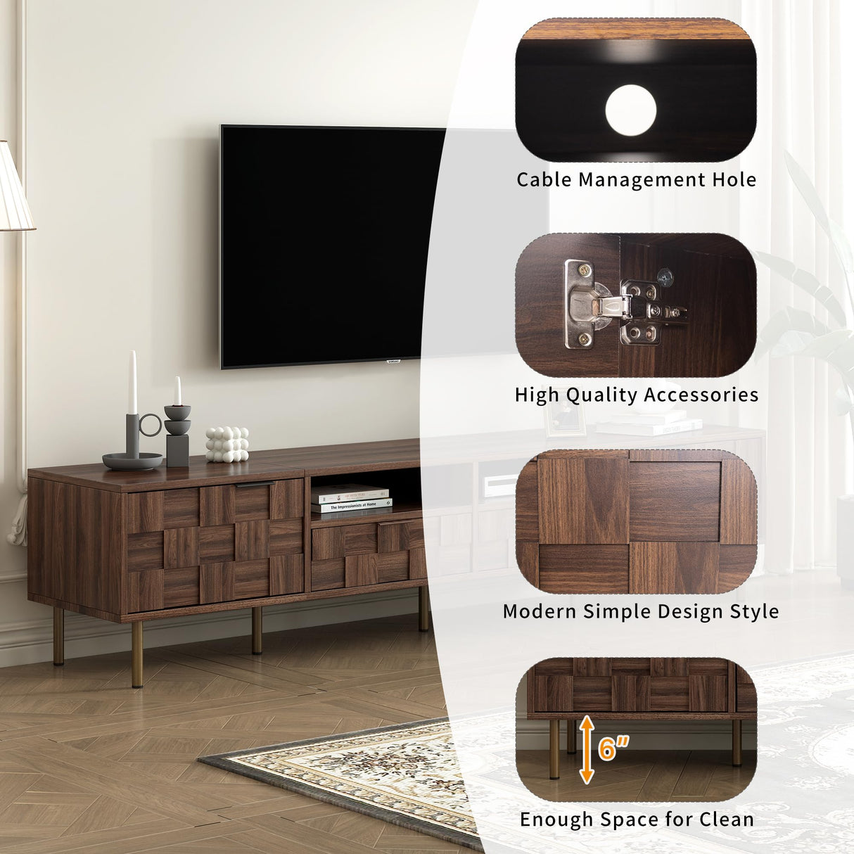 Merax Modern Wood TV Stand Consoles for Living Room, Mid-Century Solid Wood Entertainment Center with Storage Cabinets, Practical Media Console for TVs Up to 85'', Dark Brwon Merax